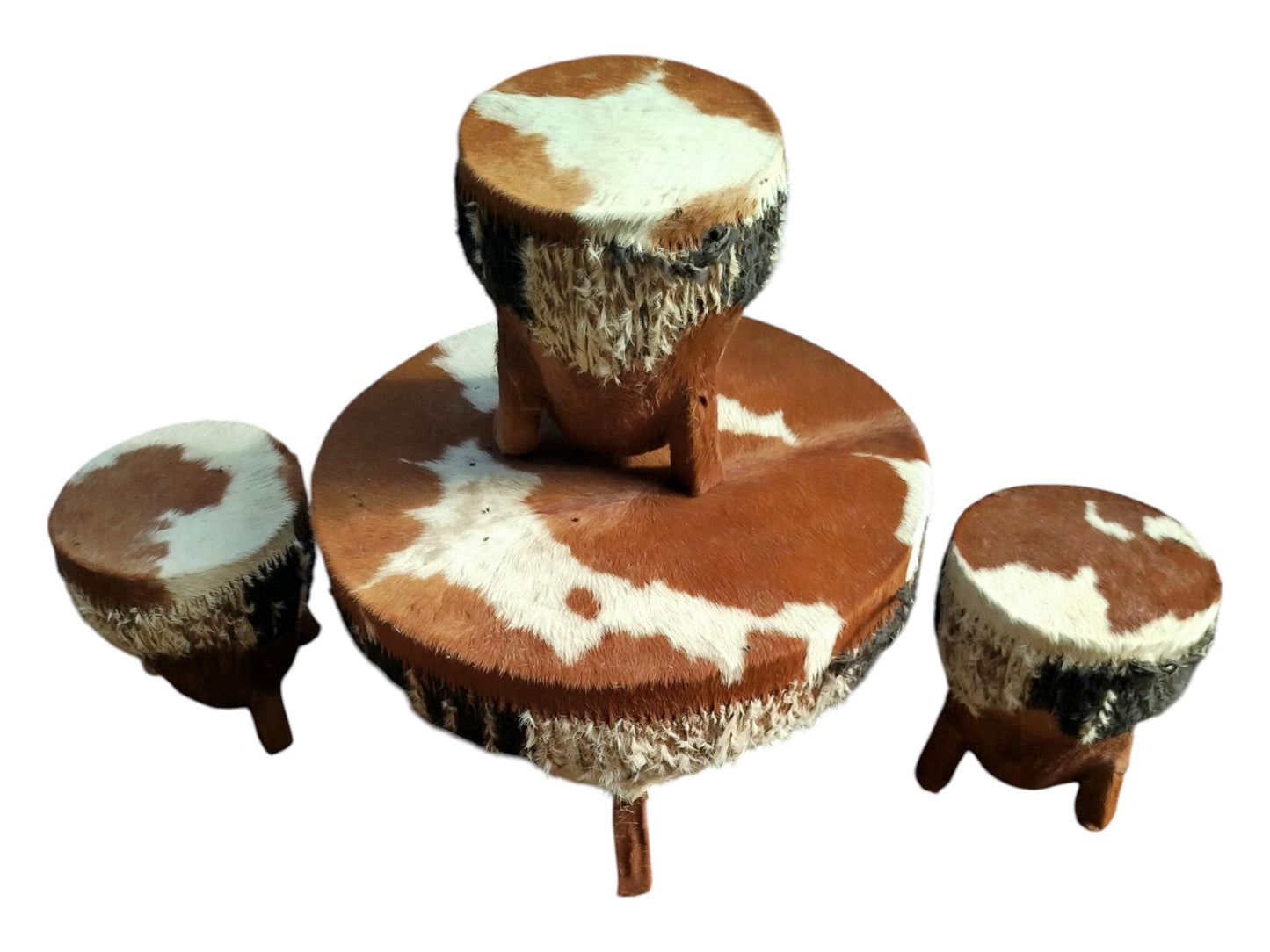 Handcrafted Cowhide Drum Table Set: Rustic African Decor