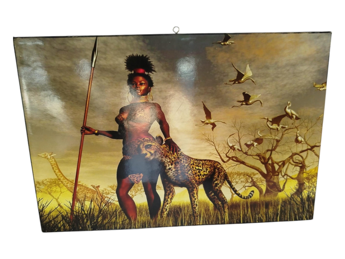 Hand-Painted African Woman & Cheetah Art: Savannah Sunset Wall Decor