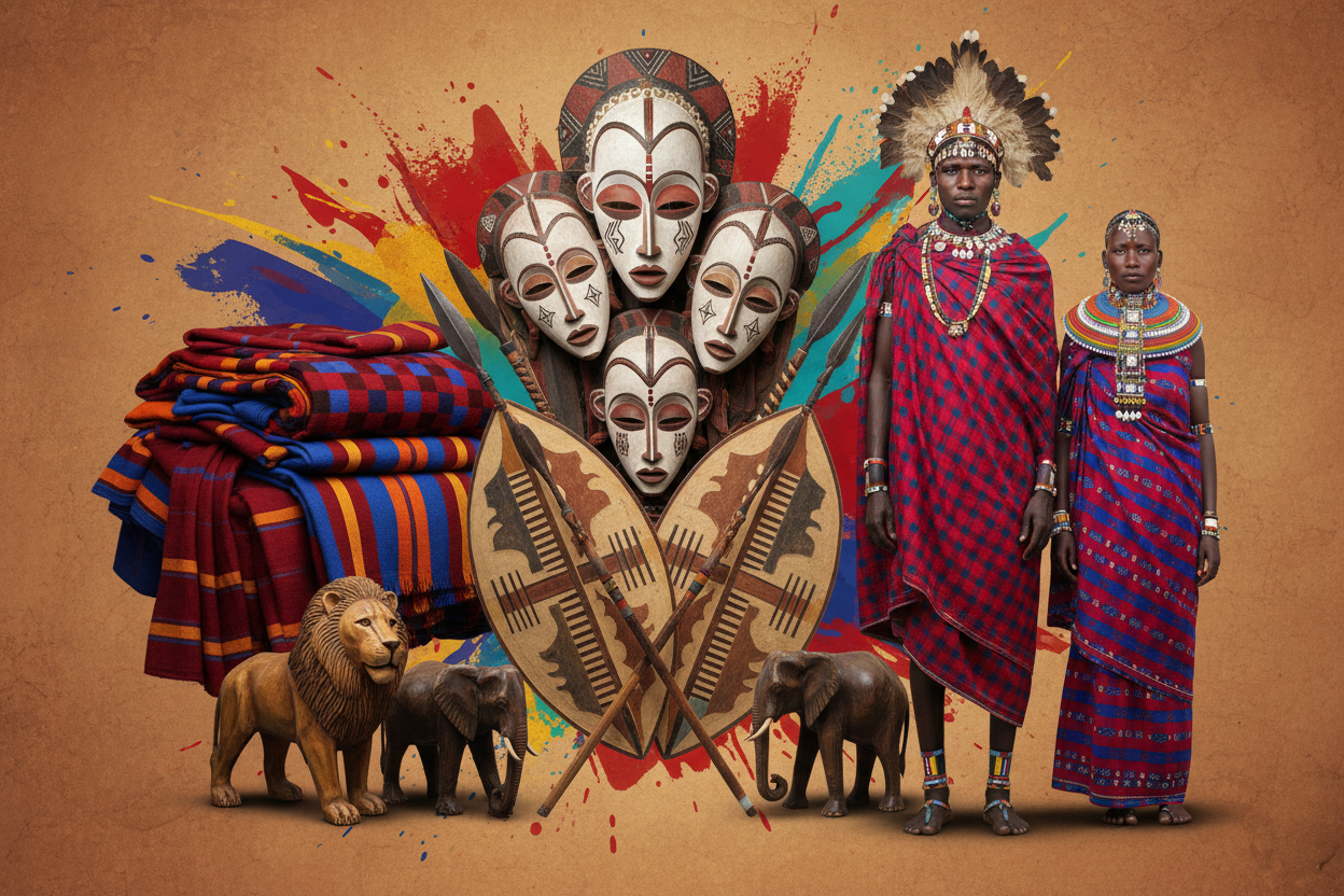 A montage showing colorful masks from African tribes such as punu, Shields with spears, A warrior in traditional headdress with his maasai bride, Maasai shukas, Animal figurines from Kenya such as lion and elephants.