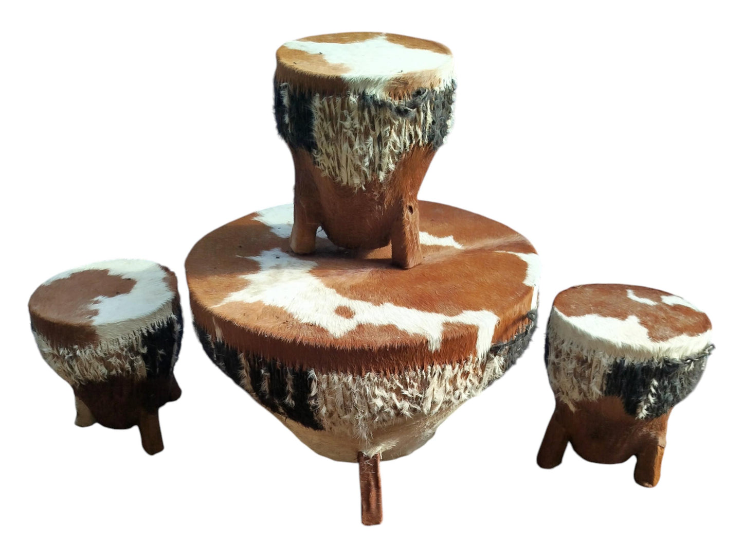 Handcrafted Cowhide Drum Table Set: Rustic African Decor