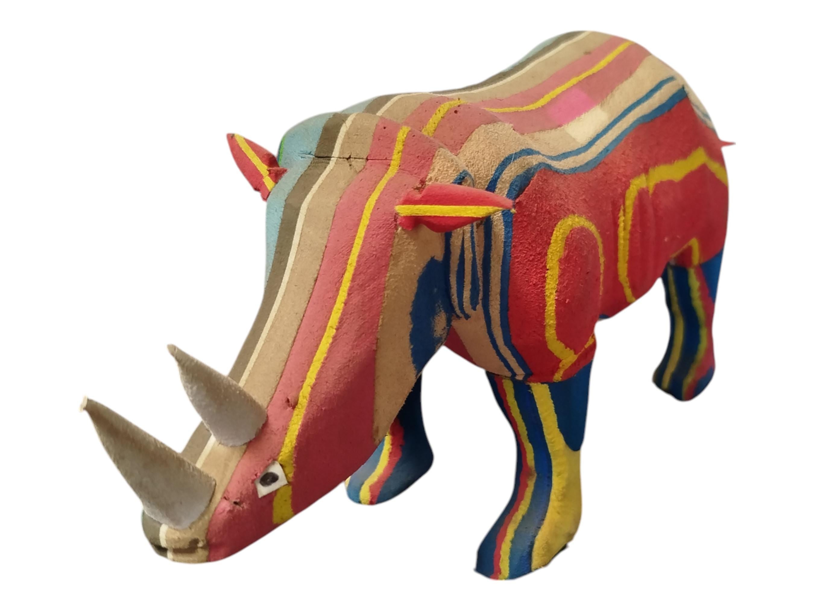 A Colorful Wooden Rhinoceros Sculpture Hand Carved African Art Decor Collectible Handmade Display Decor Tribal