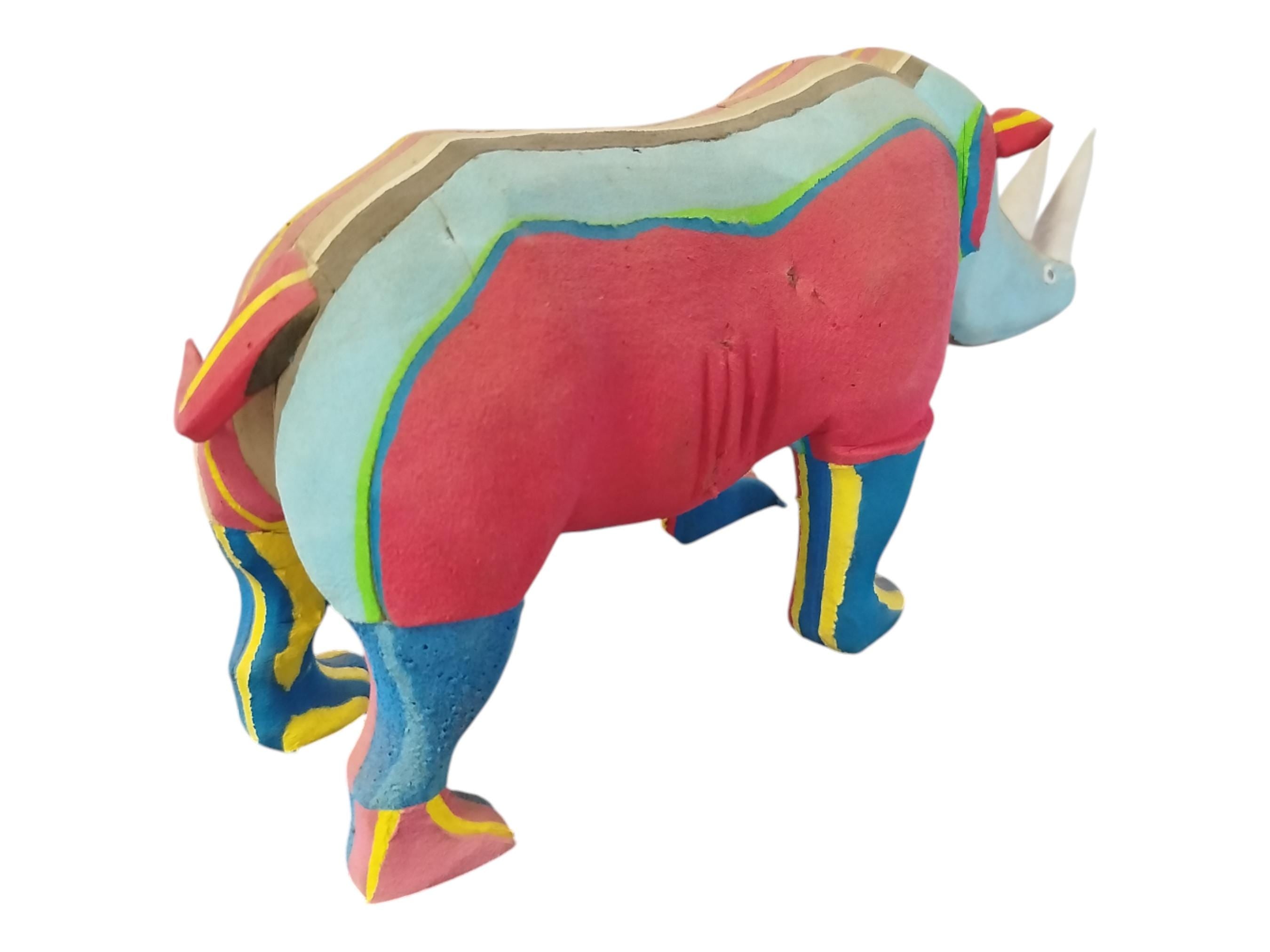 A Colorful Wooden Rhinoceros Sculpture Hand Carved African Art Decor Collectible Handmade Display Decor Tribal