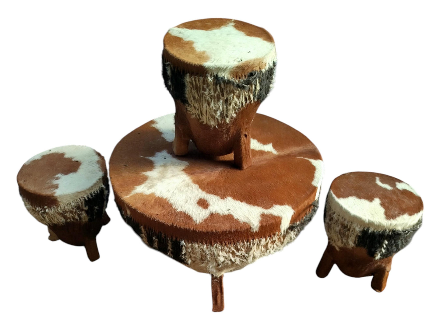 Handcrafted Cowhide Drum Table Set: Rustic African Decor