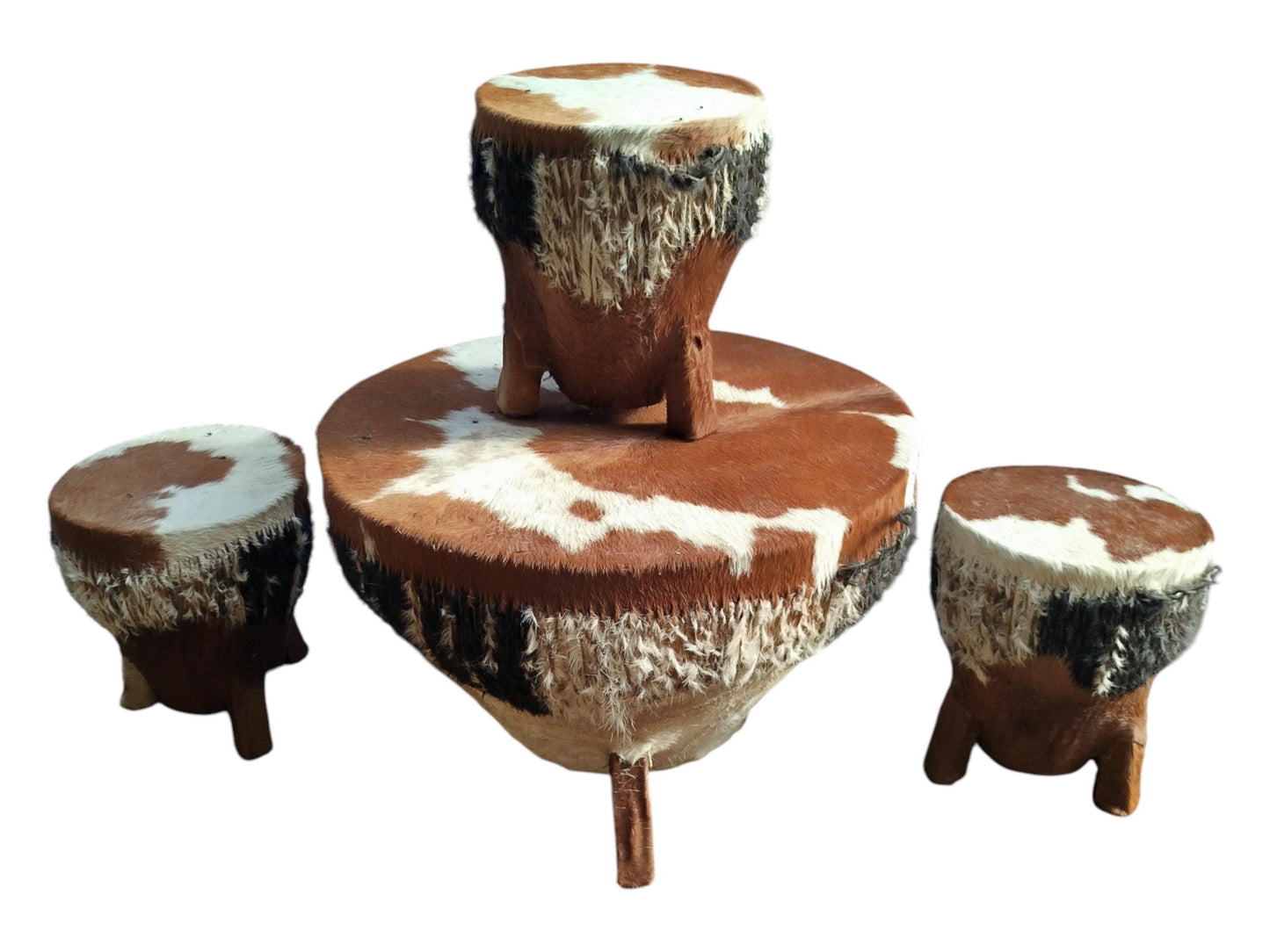 Handcrafted Cowhide Drum Table Set: Rustic African Decor