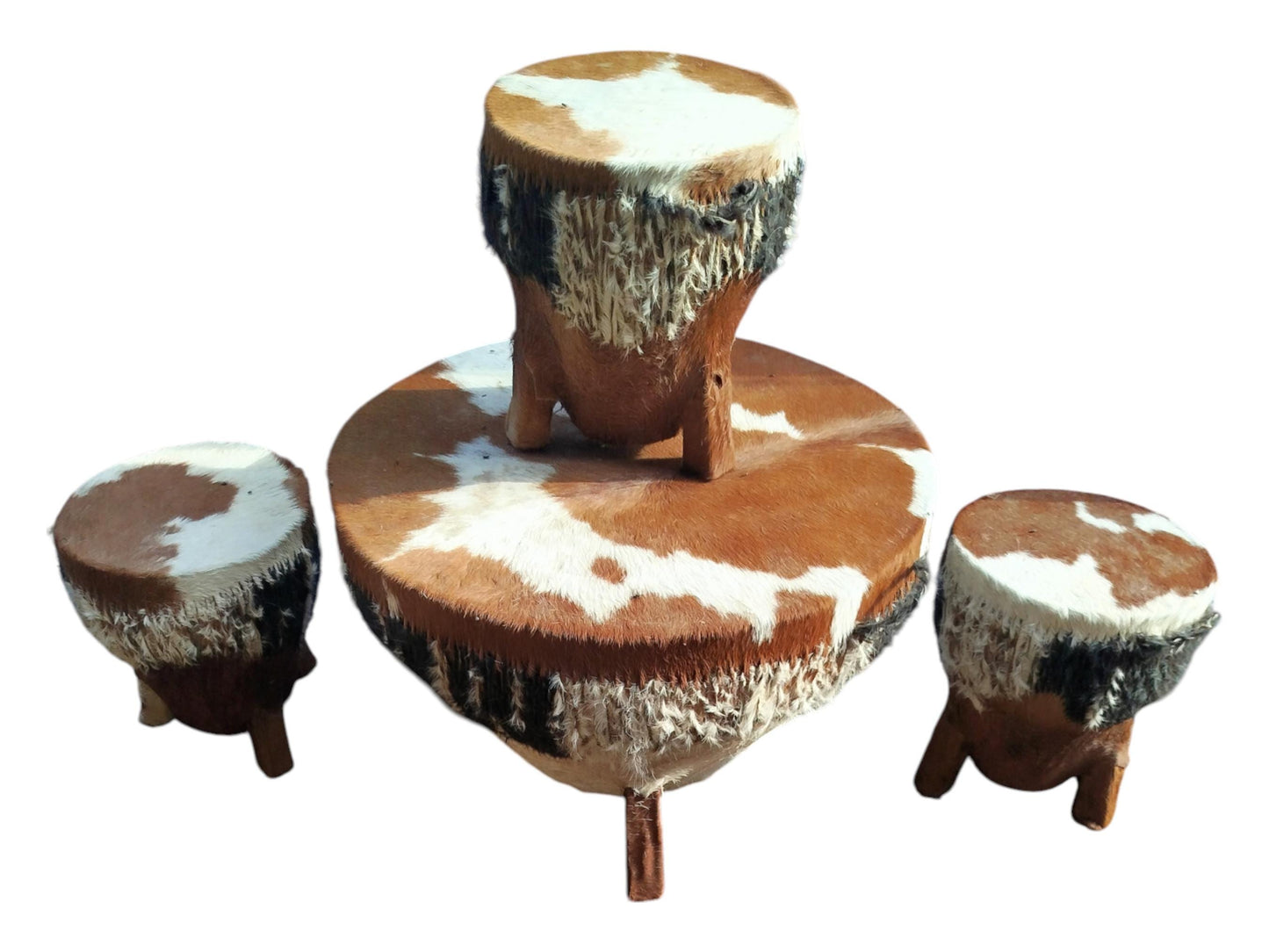 Handcrafted Cowhide Drum Table Set: Rustic African Decor