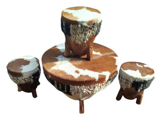 Handcrafted Cowhide Drum Table Set: Rustic African Decor
