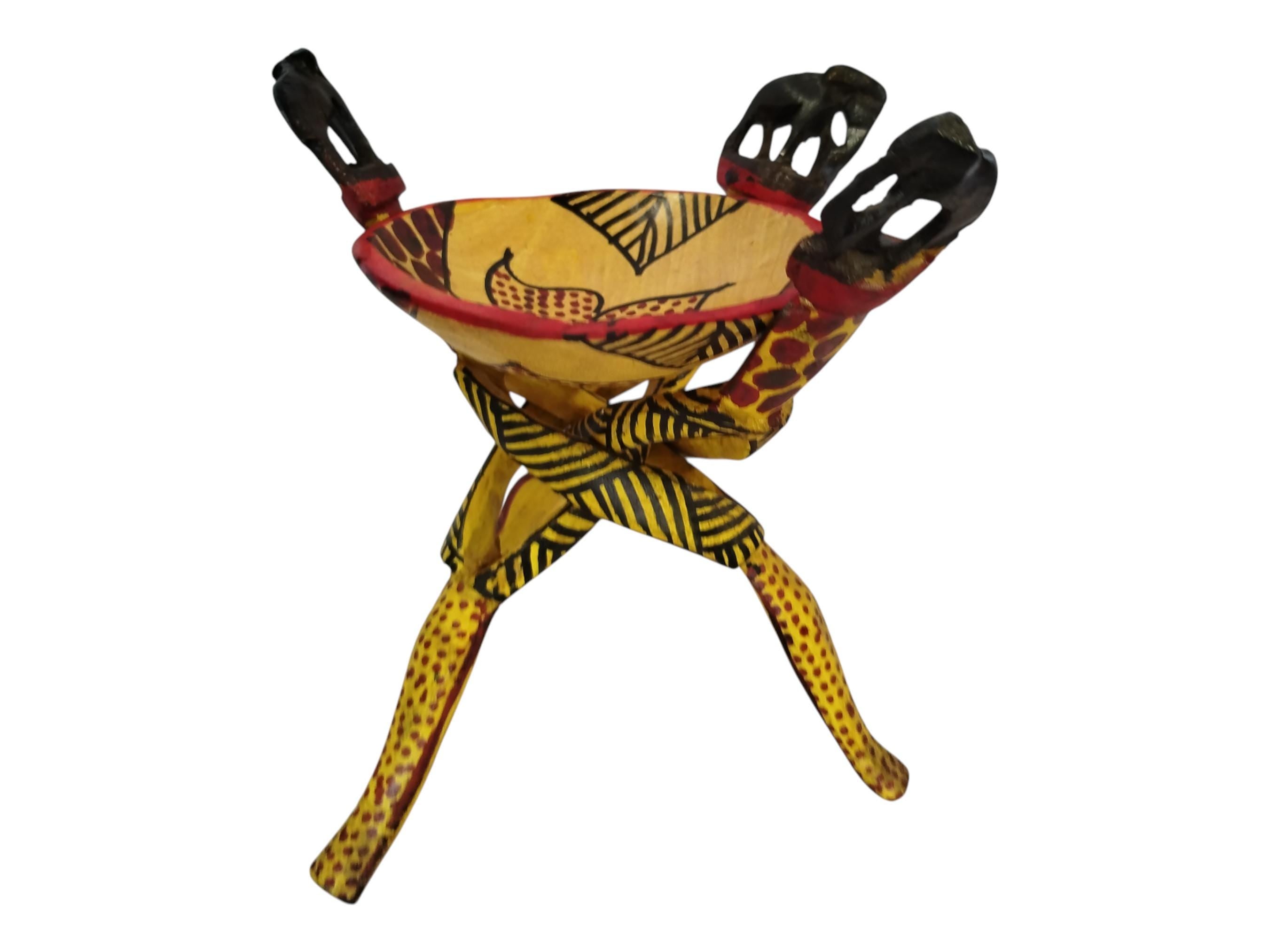 A Hand-Carved & Painted Wooden Bowl Stand with Elephant, Zebra And Giraffe Patterns - African Art Decor