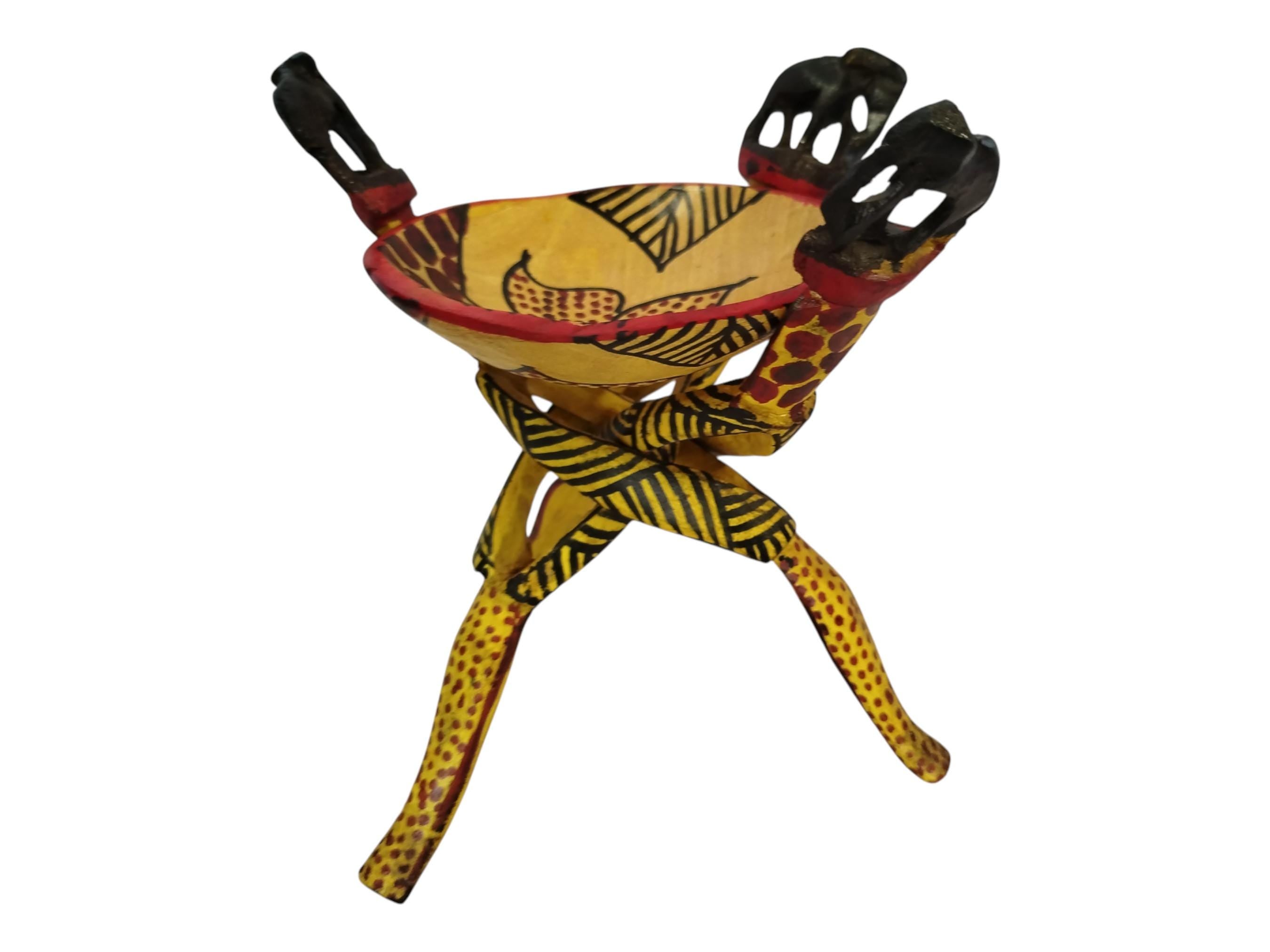 A Hand-Carved & Painted Wooden Bowl Stand with Elephant, Zebra And Giraffe Patterns - African Art Decor