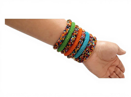 Beaded Brass Cuff Bracelet Set: African Inspired Stacking Bangles