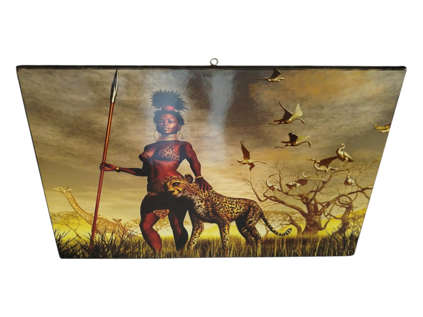 Hand-Painted African Woman & Cheetah Art: Savannah Sunset Wall Decor
