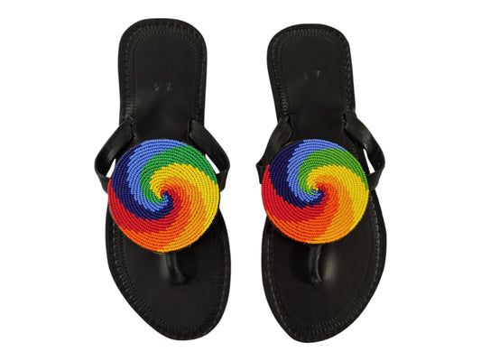 Rainbow Swirl Beaded Leather Sandals: African Inspired Art