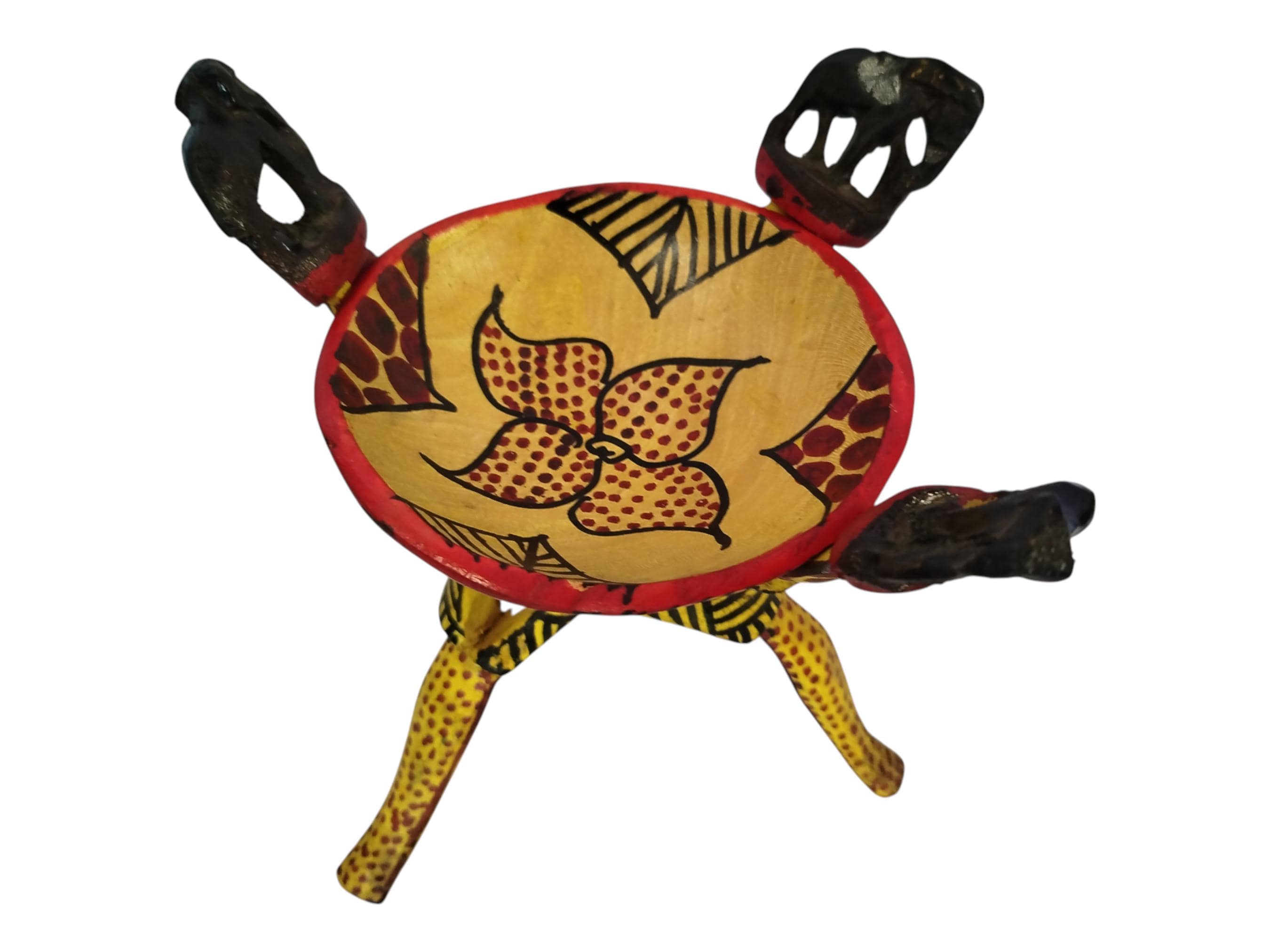 A Hand-Carved & Painted Wooden Bowl Stand with Elephant, Zebra And Giraffe Patterns - African Art Decor