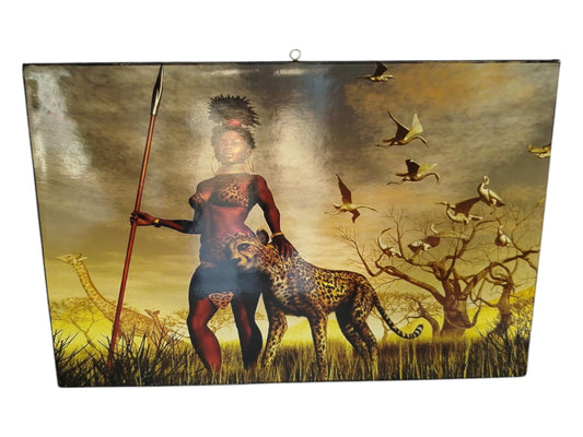Hand-Painted African Woman & Cheetah Art: Savannah Sunset Wall Decor